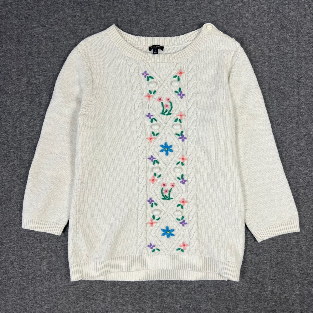 Talbots Floral Cable Knit Sweater Women Medium White Embroidered Wool Cottage